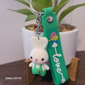 Unbranded White Bunny w/Green‎ Overalls Keychain NEW Unisex Easter Holiday Event